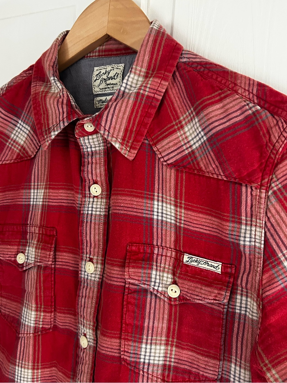 Lucky Brand Men’s Size M Short Sleeve Vintage Western Button Down Plaid Shirt - Picture 9 of 13
